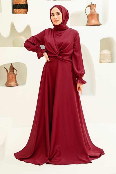 Neva Style Rochie de seara Hijab din satin creponat burgundy 3389br