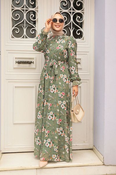 Neva Style Rochie hijab kaki cu modele florale 29711hk