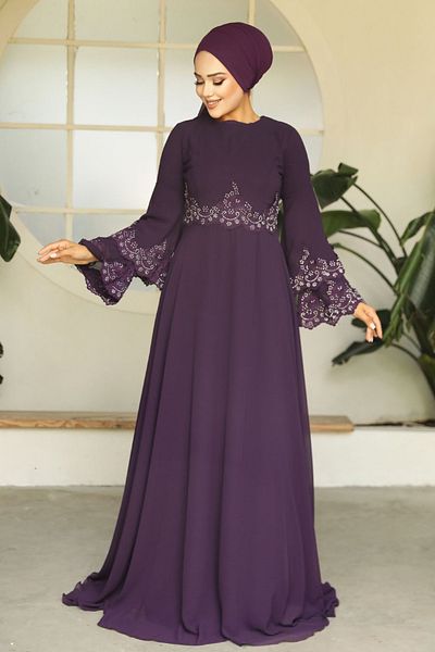 Neva Style Rochie de seară hijab mov brodat cu margele 9181mor
