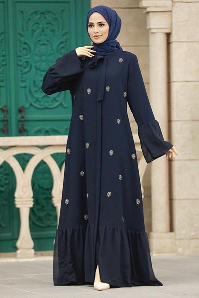 Neva Style Μπλε Navy Hijab Ferace με λεπτομέρεια από χάντρες 30072l