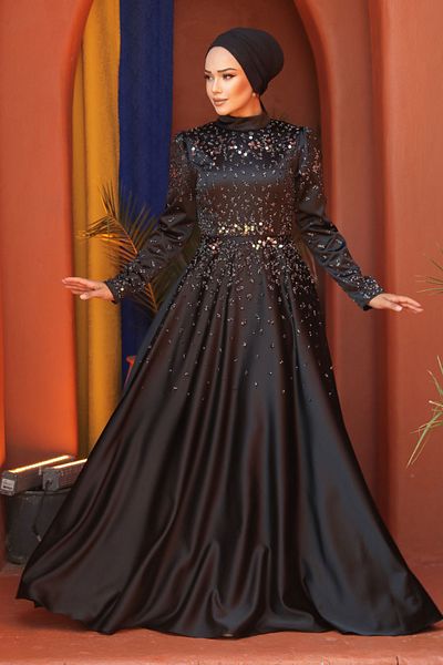 Neva Style Black Hijab Satin Evening Dress with Bead Detail 25894S