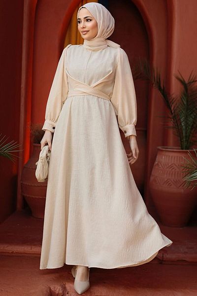 Neva Style Rochie Hijab Bej Maneca Balon 3034BEIG