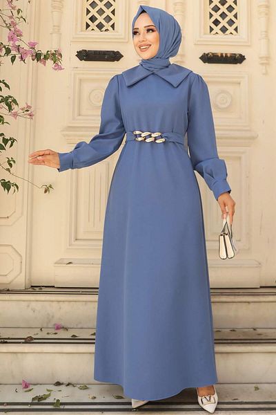 Neva Style Indigo Blue Hijab Dress with Chain Detail Belt 3420ım