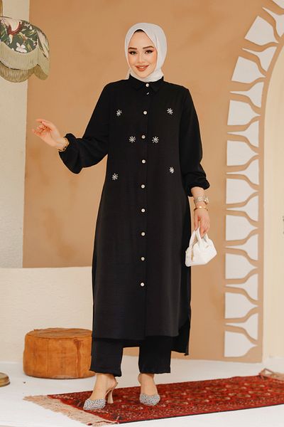 Neva Style Set dublu Hijab negru cu detaliu de mărgele 12082s