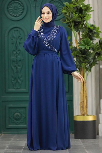 Neva Style Bead Detailed Navy Blue Hijab Evening Dress 22153L