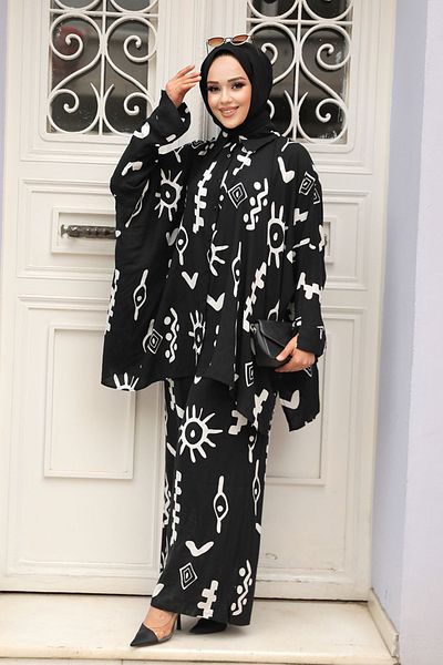 Neva Style Set dublu hijab cu model negru - 12294S