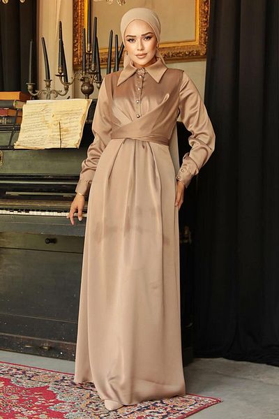 Neva Style Rochie Hijab din Satin Mink - Detaliu Nasturi, Model 45661V