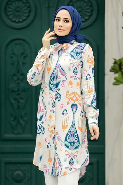 Neva Style - تونيك فيسكوز حجاب منقوش باللون الأزرق الداكن 11676l