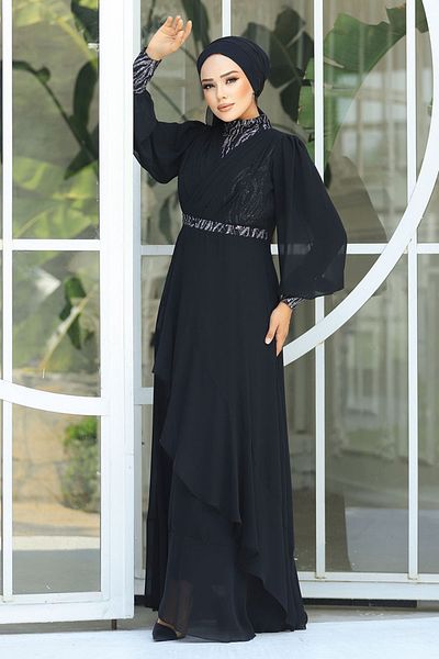 Neva Style Rochie de seara neagra cu margele 22201s