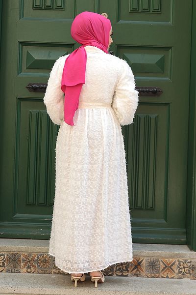 Neva Style Rochie albă Hijab cu dantelă - 14021B