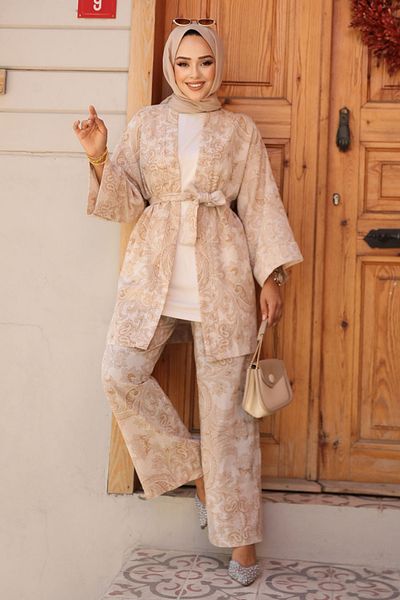 Neva Style طقم كيمونو حجاب بنقشة الجمل - 12122C
