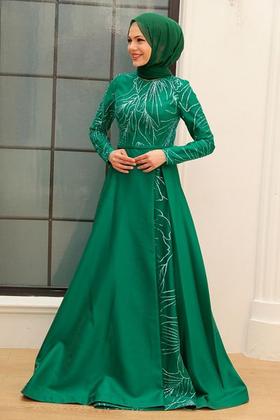 Neva Style Βραδινό φόρεμα με χάντρες Πράσινο Hijab 363y