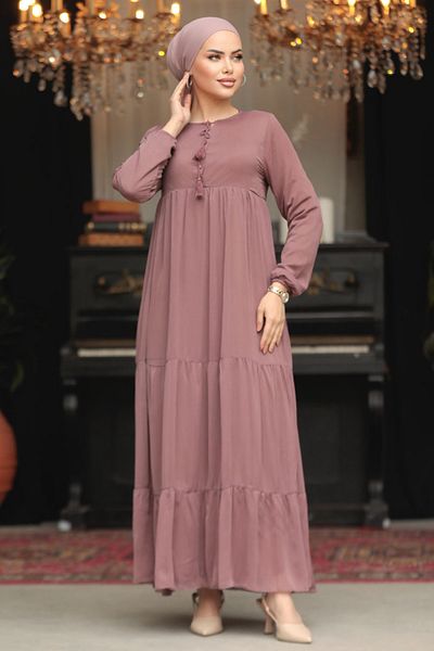 Neva Style Rochie Hijab cu pliuri Dusty Rose 22051GK