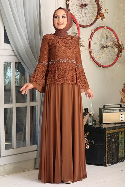 Neva Style Lacy Tan Hijab Evening Dress 20671Tb