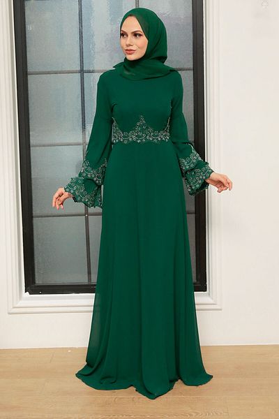 Neva Style Βραδινό φόρεμα με χάντρες Πράσινο Hijab 9181y