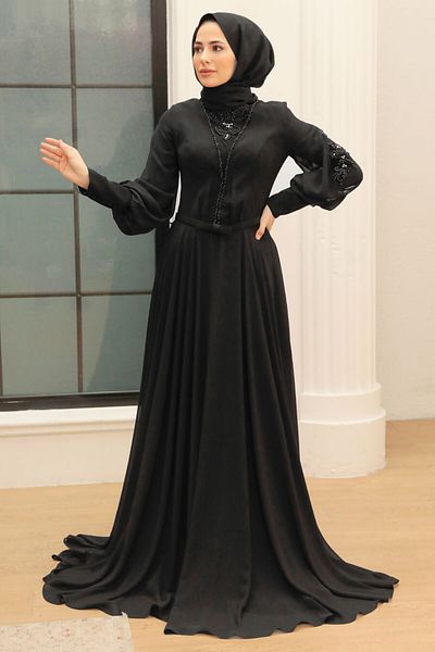 Neva Style Βραδινό φόρεμα με χάντρες μαύρο χιτζάμπ 750s