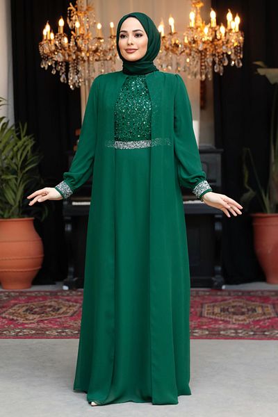 Neva Style Πράσινο βραδινό φόρεμα Hijab με Μανδύα 25876Y