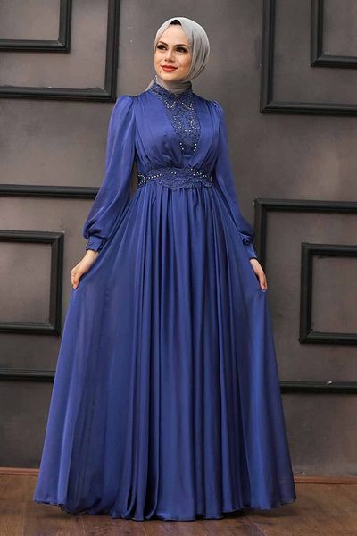 Neva Style Lacy Indigo Blue Hijab Evening Dress 21540ım