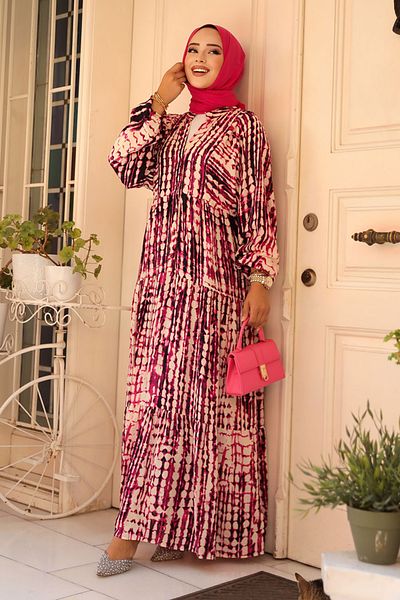Neva Style Fuchsia Patterned Hijab Dress - 23584f