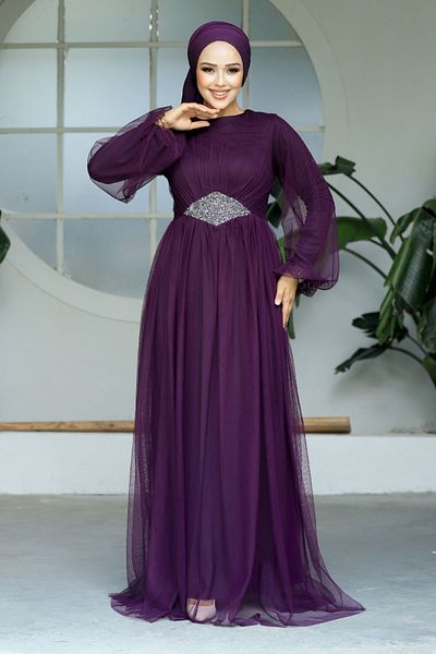 Neva Style Rochie de seara cu hijab - Rochie de seara musulmana din tul prune 54230mu