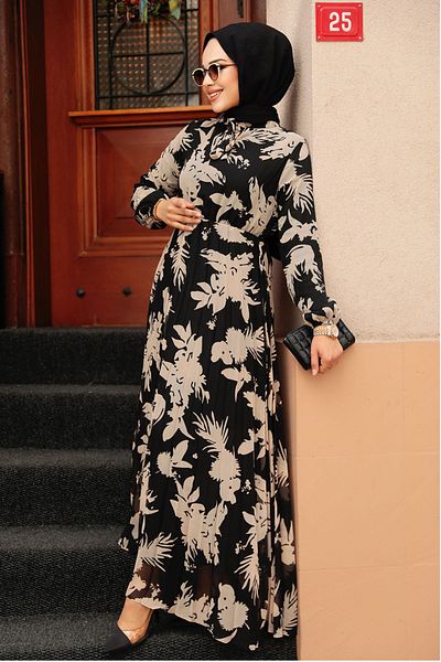Neva Style Rochie musulmană neagră cu imprimeu floral 50359S