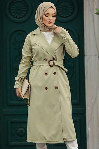 Neva Style Light Khaki Hijab Trench Coat with Buckle Belt 5942Ahk