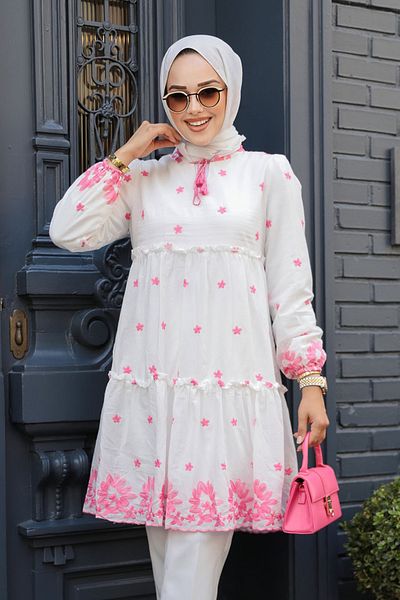 Neva Style تونيك حجاب منقوش باللون الوردي - 13821P
