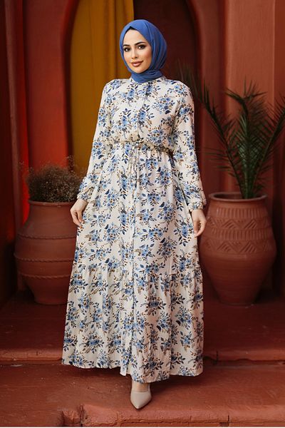 Neva Style Rochie Hijab Albastră cu Motiv Floral 50251M