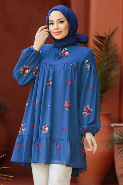 Neva Style تونيك حجاب أزرق نيلي منقوش بالزهور 4083IM