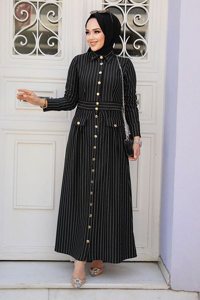 Neva Style Rochie hidžáb neagră cu dungi 23051S