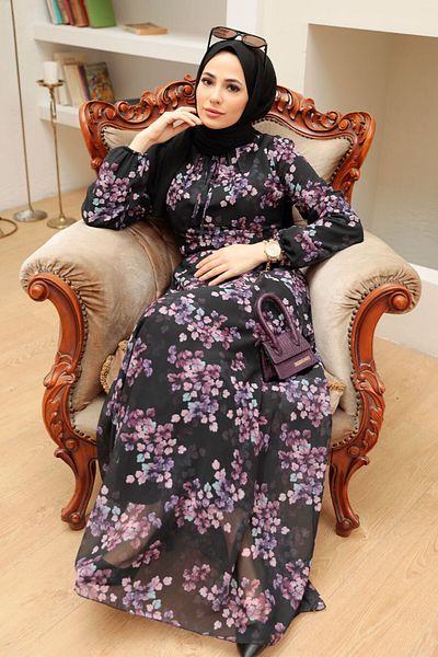 Neva Style - فستان حجاب أسود بنقشة زهور 279061 س
