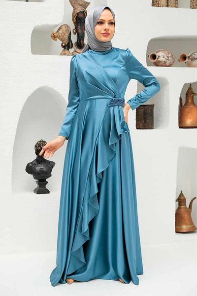 Neva Style Βολάν Indigo Blue Hijab Βραδινό Φόρεμα 22431ım