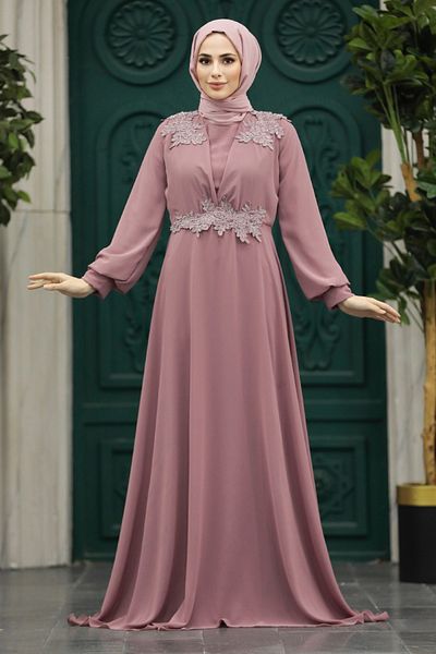 Neva Style Dusty Rose Hijab Evening Dress with Bead Detail 22113Gk