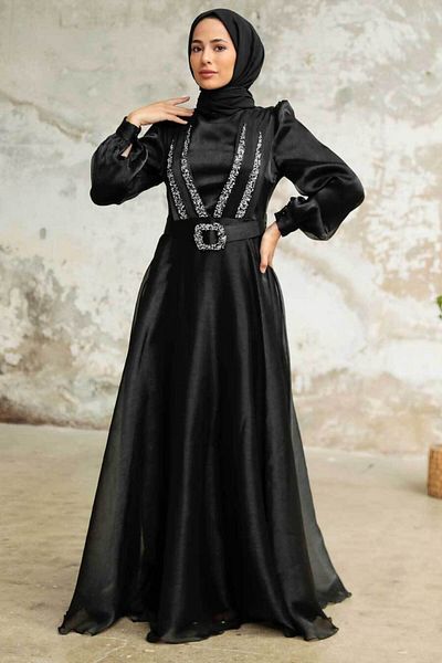Neva Style Μαύρο Μουσουλμανικό Βραδινό Φόρεμα με Ζώνη Πόρπης 36831s