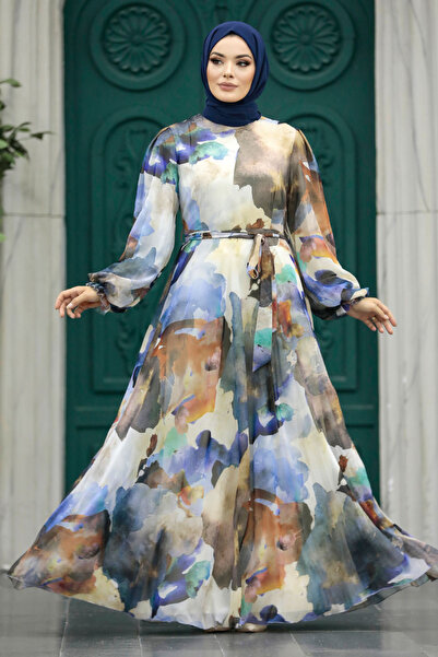 Neva Style Patterned Sax Blue Hijab Dress 33095SX
