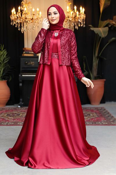 Neva Style Rochie de seara cu hijab - Rochie de seara din satin musulman burgundy cu detaliu jacheta 25881br