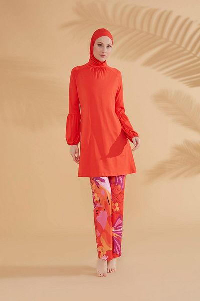 Neva Style Floral Orange Full Covered Hijab Swimsuit M2317T