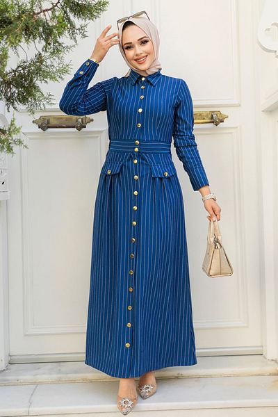Neva Style Rochie Hijab cu dungi Indigo Blue 23051IM