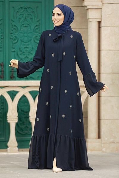 Neva Style Mărgele Detaliat Bleumarin Hijab Ferace 30072l