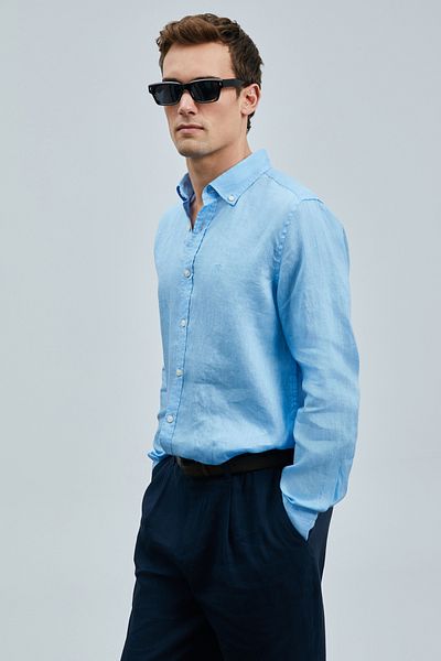 Lufian Ανδρικό λινό πουκάμισο Pitaya Blue Comfort Fit