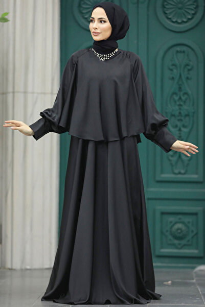Neva Style Pelerinli Siyah Tesettür Abiye Elbise 6051s