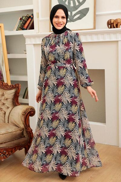 Neva Style - Rochie Hijab Burgundy cu Motiv Floral 279076 br