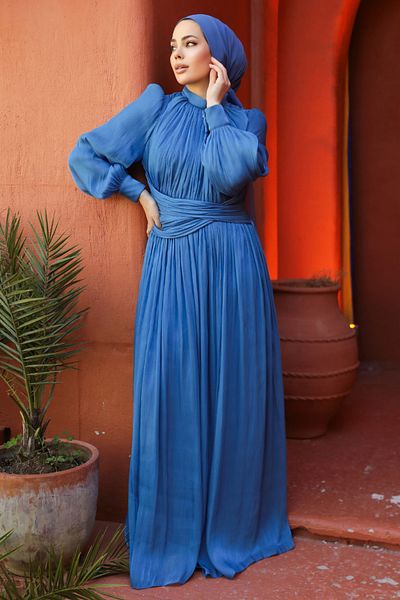 Neva Style Balloon Sleeve Indigo Blue Hijab Evening Dress 46221ım