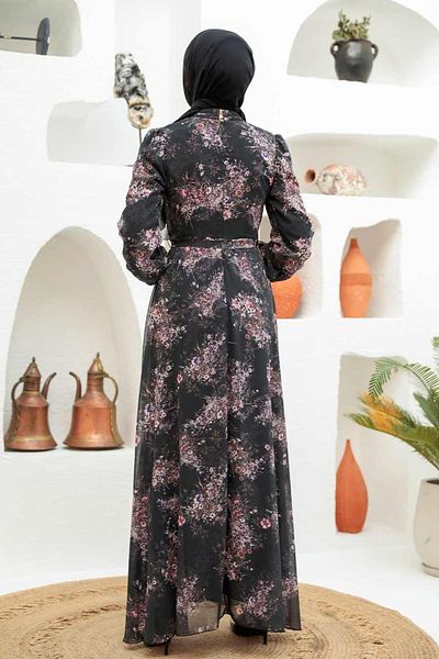 Neva Style - Rochie Hijab Neagră cu Motiv Floral 279036 s