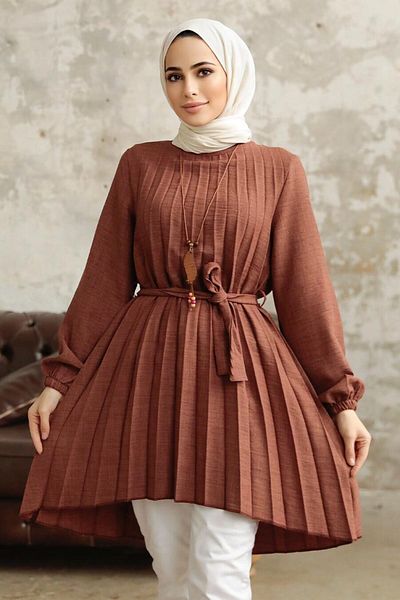 Neva Style - تونيك حجاب بني مطوي 41233kh