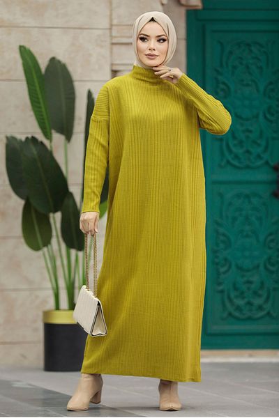 Neva Style - Turtleneck Collar Mustard Hijab Knitwear Dress 34150Hr