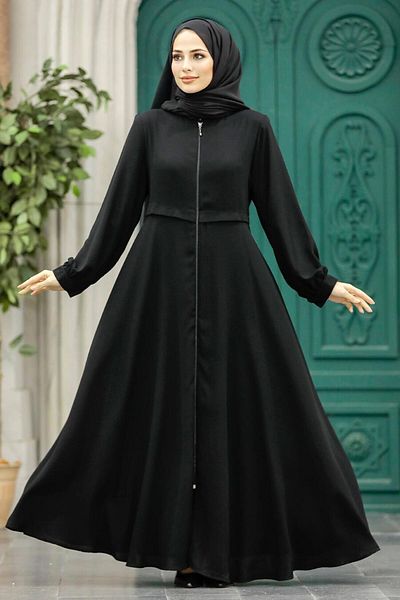 Neva Style Hijab negru cu fermoar Ferace 1102s