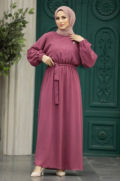 Neva Style Belted Dusty Rose Hijab Dress 89621Gk