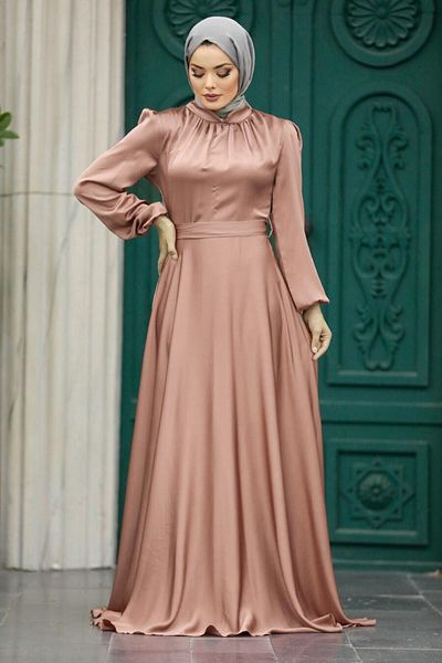 Neva Style Μπαλόνι μανίκι Dark Mink Hijab Σατέν Βραδινό Φόρεμα 25131kv