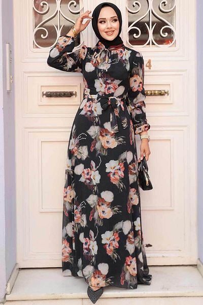 Neva Style Rochie neagră cu hijab cu modele florale 27926s